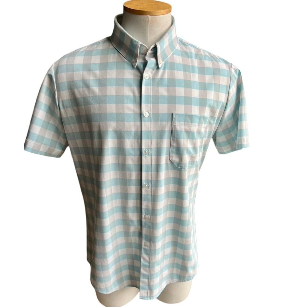 Mizzen+Main short sleeve blue, gray plaid performance menswear size XL trim